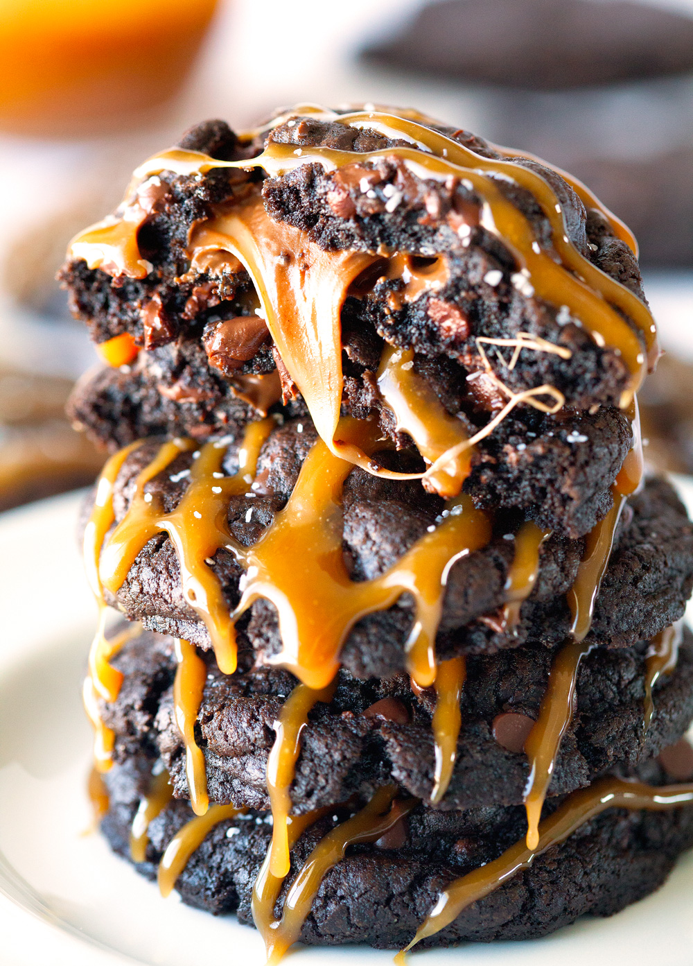 Triple Chocolate Caramel Drizzle Cookies by Deliciously Yum!
