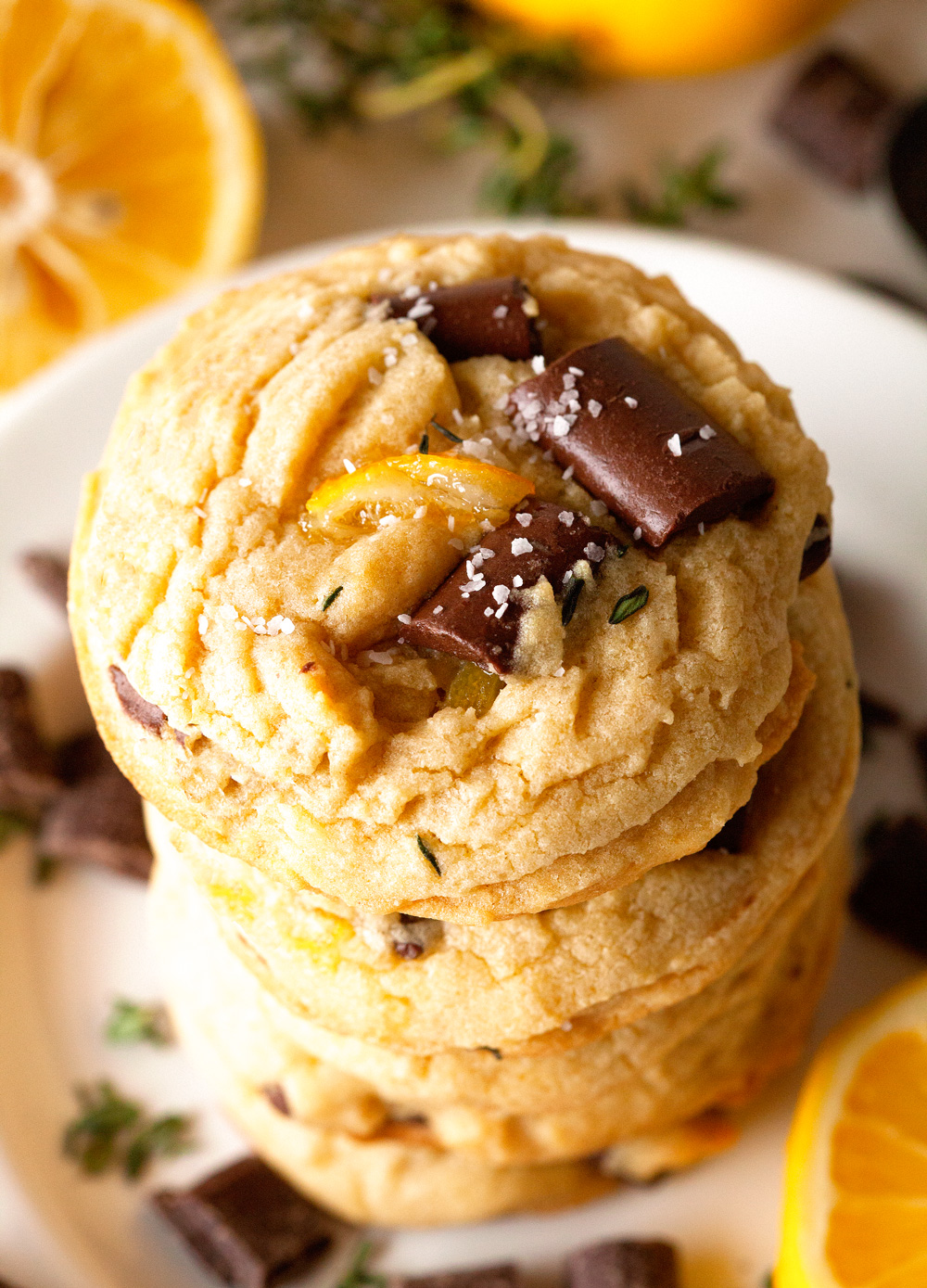 Candied Meyer Lemon and Thyme Salted Chocolate Chippers via Deliciously Yum!