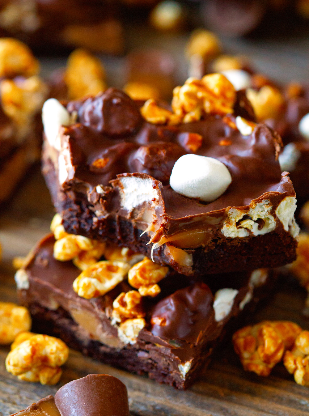Chewy Caramel Popcorn Brownies via Deliciously Yum!